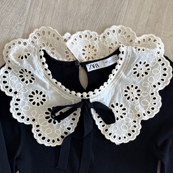 Zara Black Top with Cream Lace Bib Collar bow - Picture 2 of 10
